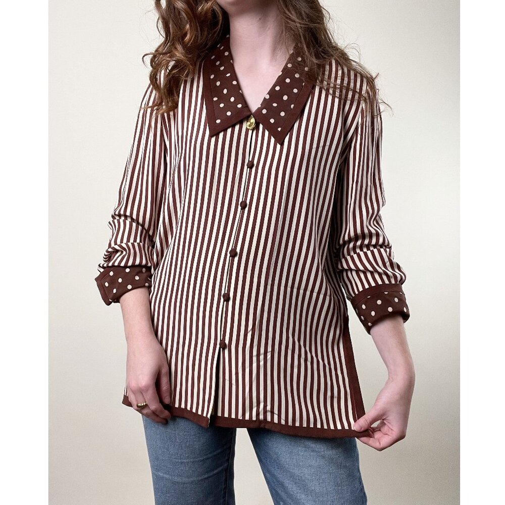 Vintage 100% Silk Button Down Long Tunic Top Blouse Print Oversized Relaxed Fit
